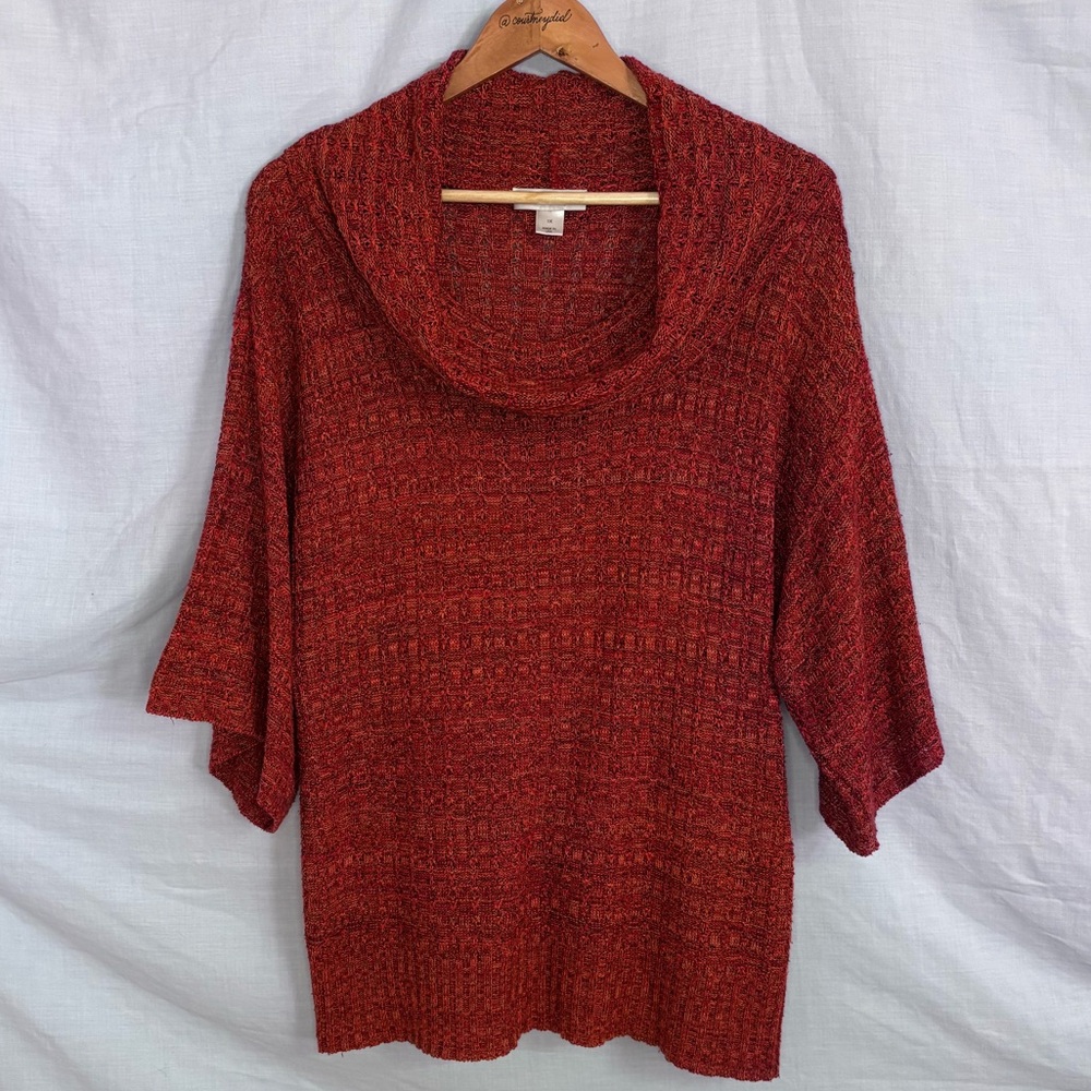 CJ Banks Marled Red-Orange, Cowl-Neck, Elbow Sleeve, Open Knit Sweater Size 1X